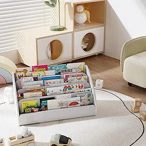 Lkeiyay 4-Tier Small Wooden Kids Bookshelf for Toddlers, White Space-Saving Book Storage Organizer, Childrens Book Rack for Nursery & Kids Room