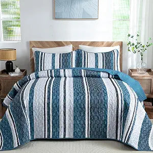 DJY Queen Quilt Set, Boho Navy Blue Striped Bedspread Coverlet Set, 3 Pieces Soft Lightweight Farmhouse Summer Quilt Bedding Set for All Season (96"x90")
