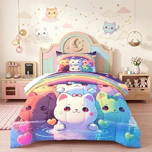 Rainbow Cat Comforter Twin Size - Cat Bedding for Girls Room Cute Cartoon Rainbow Bedding Twin Sets for Kids, 1 Comforter+1 Pillowcase