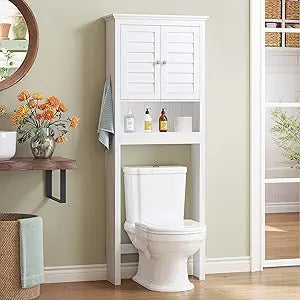 Spirich Over The Toilet Storage Cabinet, Space-Saving Above Toilet Bathroom Organizer with Adjustable Shelf and Hooks, White