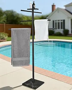 EADOT 304 Stainless Steel Freestanding Swimming Pool Towel Rack with Tray, 6 Arms Standing Hot Tub Robe Rack for Outdoor,Black Marble Base Bath Sheet Drying Bar for Spa, Hot Tub & Patio