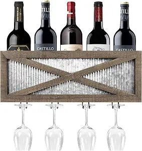 Autumn Alley Rustic Barn Door Wine Rack with Glass Storage - Country Home Decor Rustic Farmhouse for Kitchen, Dining Room Wood and Metal Wine Wall Mount Storage Holds 5 Bottles, 4 Stemmed Glasses