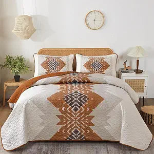 Dintszyayue Boho King Quilt Set, Terracotta Aztec Reversible Bedspread