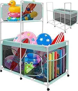 Pool Float Storage Organizer, 2-in-1 Extra Large 350 Gallon Outdoor Pool Toy Holder, Durable Mesh Rolling Cart Bin for Swimming Pool Noodles, Floats, Balls, Rafts & Towels, with Side Pockets