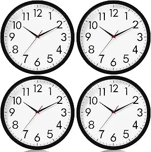 Multi Time Zone Clock 4 Pcs, 12 Inch Silent Wall Clocks Non-Ticking Battery Operated Round Analog Classic Clock Modern Design for Office Classroom Bedroom Garage Living Room Kitchen Bathroom