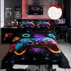 Erosebridal Game Consoles Boys Comforter Sets Twin Gamer Gifts,Gamer Twin Bedding Sets for Boys Space Glow Geometric Kids Comforter Set Red Green Blue Teal,Gaming Room Decor