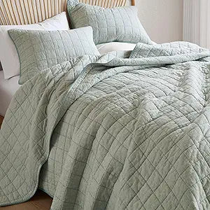 Hyde Lane Linen Quilt Set Queen Size - Breathable Box Stitched European Flax Bedding Set for Bedspread and Coverlet, with 2 Pillow Shams, 90"x96", Sage