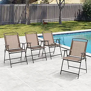 Crestlive Products Set of 4 Patio Folding Chairs 4-Pack Dining Chairs Outdoor Portable Sling with Armrest for Camping, Beach, Garden, Pool, Backyard, Deck (Brown)