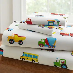 Fancy Linen Sheet Set Flat Fitted and Pillow Case Set for Boys/Girls Multi Color New (Vehicles, Twin)