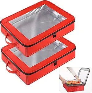 OUTXE 2 Pack 9x13 in Foil Pan Carrier with Lid, PU Leather Foil Pan Holder with Handle, Serving Tray for Food, Stackable Aluminum Pan Holder, for Travel, Potlucks, Parties, BBQ, Picnics, Home (Red)