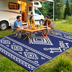 GOTGELIF 9x18 ft RV Camping Rug Waterproof, Large Reversible Bohemian Outdoor Plastic Straw Mat with Carry Bag, 4 Stakes & Seam, UV-Resistant Portable Carpet for Patio Pool Beach Deck (Blue & White)