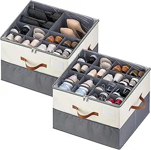 Shoe Organizer for Closet, 2 Pack Shoe Storage Containers with Adjustable Dividers, Space Saving Shoe Box Organizers Bins with Clear Lids & 4 Handles, Fits 16-32 Pairs, Beige & Grey