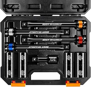 boen 9PCS 1/2" Drive Impact Torque Limiting Extension Bar And Flip Lug Nut Socket Set, 90 to 120 Ft-Lbs (120-160Nm), 8" Length Torque Sticks, Metric & SAE Double-Sided Sockets, Cr-Mo Impact Grade