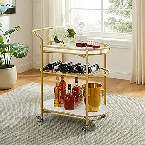 Square Gold Bar Carts with 3 Tier Storage Shelves Holder Home and Rotating Wheels for Home Kitchen, Bar, Dinning Room and Living Room, Easy Assembly