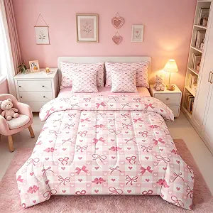 Erosebridal Kids Pink Bow Bed in A Bag 7 Pcs Cute Pink Princess Comforter Set Romantic Love Heart Bow Knot Bedding Sets Twin Sweet Bowknot Ribbon Geometric Sheet Set with Comforter Cartoon Room Decor