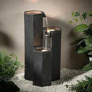 27.95 H 3-Tiers Cascading Outdoor Water Fountain Made with Eco-Friendly Recyclable Materials, Polyethylene Waterfall Fountain, Outdoor Decor with LED Lights for Patio, Backyard
