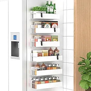 HuggieGems 6 Pack Magnetic Spice Storage Rack Organizer for Refrigerator and Oven, White Fridge Organizers and Storage