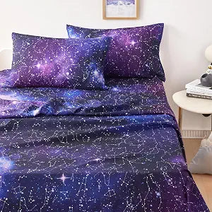 Wake In Cloud - Constellation Bed Sheets, 4-Piece Sheet Set, Celestial Space Witchy Star Galaxy Astrology Bedding, Deep Pocket, Indigo Purple, Queen Size
