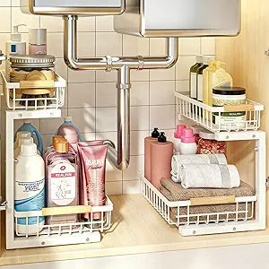 REALINN Under Sink Organizer, 2 Pack Height Adjustable Under Sink Organizers and Storage, 2 Tier Pull Out Drawer Cabinet Storage for Kitchen Bathroom, White