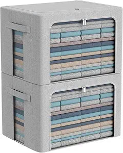 CYhom Clothes Storage Bins Box - Foldable Stackable Container Organizer Set with Clear Window & Carry Handles & Metal Frame - 2Pack Large Capacity for Bedding, Blankets, Books