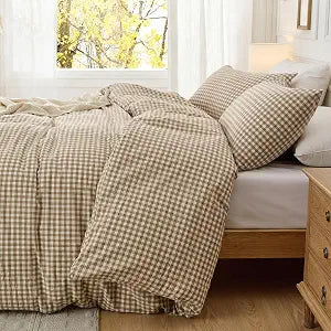 KKJIAF 3 Pcs Queen Gingham Duvet Cover Set 90" x 90", Taupe Plaid