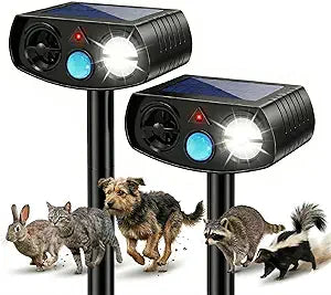 Solar Ultrasonic Animal Repeller Outdoor, Motion Sensor Waterproof Pest Deterrent, Raccoon Skunk Squirrel Rabbit Stray Dog Cat Repellent for Yard Garden Farm, 33ft 120 Coverage, 2 Pack Black