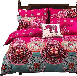 Vaulia 3 Pieces Boho Microfiber Duvet Cover Set King Size, Pink, Exotic