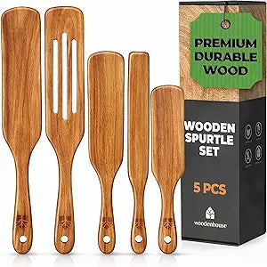 Spurtle Set, Teak Spurtle Spatula Set of 5 - Spurtles Kitchen Tools Wooden Non Stick Cookware for Serving, Stirring, Mixing, Scraping, Scooping By Woodenhouse