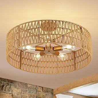 24 Boho Hand-Woven Rattan Wicker Ceiling Light, Large Semi Flush Mount Chandelier Fixture, Rustic Lighting for Living Room, Bedroom, Dining, Kitchen Island, Hallway, Entryway, Foyer