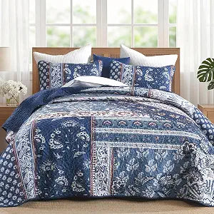 WONGS BEDDING Patchwork Quilt Queen Size, Boho Floral Bedspread, Navy Blue