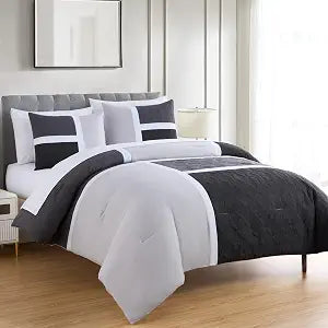 Chezmoi Collection Bernard 7-Piece Full Bed in a Bag - Black Gray Light Gray Pieced Color Block Bedding Embossed Medallion Quilted Patchwork Comforter Set with Bed Sheets for All Season