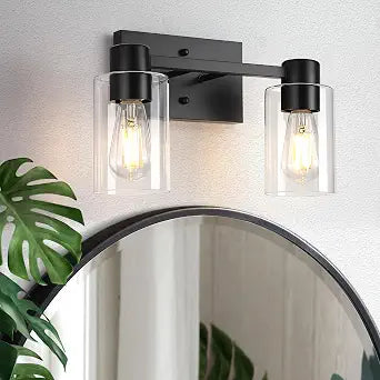 Matte Black Bathroom Light Fixtures,2-Light Bathroom Vanity Light Over Mirror with Clear Glass Shade,Modern Farmhouse Wall Sconces Lighting for Bedroom Cabinet Kitchen Living Room