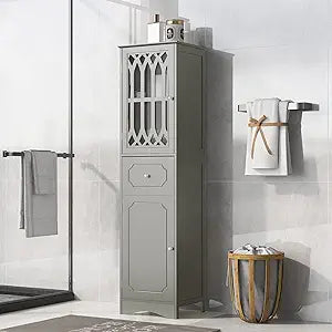 Bellemave Bathroom Tall Cabinet, Freestanding Storage Cabinet, Floor Side Cabinet with Doors and Drawer, Adjustable Shelf, Home Office Utility Cabinet, for Living Room, Kitchen, Dining Room, Gray