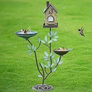 HLQMFHT 38" H Cast Iron Pedestal Bird Baths for Outdoors,3 in 1 Metal Bird Bath Bowl with Bird Houses and Bird Feeder,Garden Yard Decor