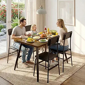 Gizoon 5 Piece Dining Table Set for 4, Modern Metal & Wood Kitchen Dinner Table with 4 Chairs, Space-Saving Dining Room Furniture Table & Chair Sets for Small Spaces & Apartment, Rustic Brown