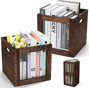 Colingmill 2 Pack Stackable Wood Storage Bins with Metal Wire and Handles 11 x 11 x 11 Inch, 22l Cube Vinyl Record Holder Wooden Storage Crate Basket for Shelve Fruit Vegetable Pantry Toy(Walnut)
