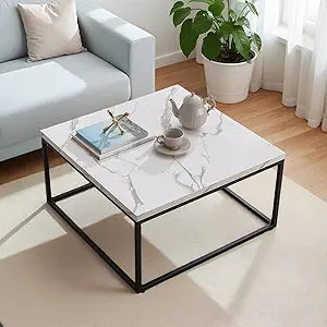 CENSI 30" Square Coffee Table, White Faux Marble Center Table for Living Room, Modern Minimalist Cocktail Table with Black Metal Frame, Extra Thick 1.2" Wood Top, Sturdy & Easy Assembly