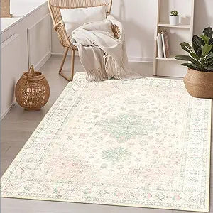 MUJOO 3x5 Rug Washable,Boho Area Rug for Bedroom Entryway Living Room Bathroom,Small Non Slip Indoor Throw Carpet Low Pile Light Pink and Green