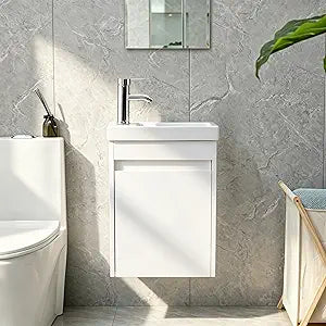 16 Inch Small Bathroom Vanity Sink Combo, White Wall Mounted Floating Bathroom Cabinet with White Resin Basin Sink Top & Pop Up Drain, Modern Bath Vanity for Small Space & Multiple Use