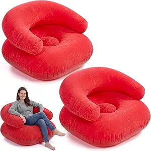 Threehoney 2 Pcs Inflatable Lounge Chair Deck Chair Lazy Sofa, Blow Up, Folding, Portable Couch for Home, Office Balcony, Floor Seating (Red)