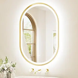TETOTE Gold Oval Led Mirror with Lights 24" x 36" Metal Framed Oval Lighted Bathroom Vanity Mirror Wall Mounted, Front and Backlit 3 Color Stepless Dimmable Anti Fog, Shatterproof, CRI 90+