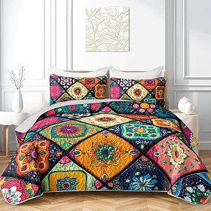 Axolotl Boho Mandala Quilt Set King, Mexican Talavera Quilt Coverlet for Women, Bohemian Retro Abstract Bedspread, 3Pcs Exotic Flowers Geometric Bed Coverlet, Cozy Bedspread with 2 Pillowcases