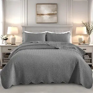 King Quilt Set Bedspread Coverlet Bedding Leaf Grey 106"x96"