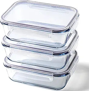 Large Glass Food Storage Containers with Lids | 3 Pack Set 52oz/6.4 cup | Glass Storage Containers with Lids |Non-Toxic & Airtight| Glass Food Containers |Oven, Freezer & Dishwasher Safe