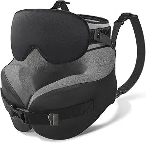 YFONG Travel Pillow for Long Flight Airplane, Head Strap Combo with 3D Contoured Sleep Eye Mask, Neck Pillow for Travel Essential, 360 Support Memory Foam Headrest, Prevent Bobbing, Drawstrap - Black