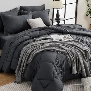 HEVUMYI 7-Piece Queen Comforter Set, Dark Grey Bed in a Bag