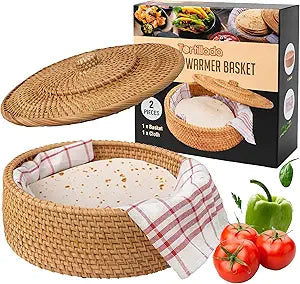 Tortillada - Tortilla Warmer 10 inch Rattan Handmade Bread Basket for Tortillas, Wraps and Flatbread Warming Basket incl. Cotton Cloth for Kitchen, Keeps Food Warm