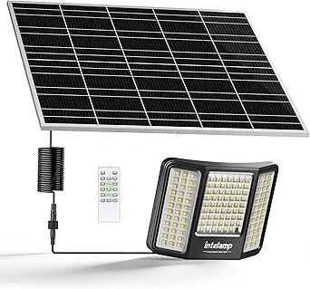 intelamp Solar Flood Lights, 2000LM 20000mAh Large Battery 3 Colors Floodlight Outdoor Waterproof with Remote 16.4 FT Cable, Dusk to Dawn Security LED Spot spotlights for Yard Backyard