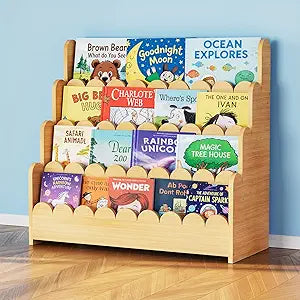 SpaceAid 4-Tier Scalloped Bookshelf, Montessori Bookcase for Toddlers, Wooden Book Shelf Organizer Display Furniture for Kids Rooms, Playroom, Nursery and Classroom, 29.6 Wide, Natural