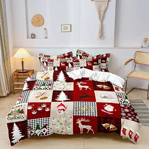 Christmas Theme Grid Duvet Cover - Queen Size, Santa Claus Reindeers Snowflakes Rustic Cabin Christmas Lodge Western Country Holiday Decoration, 3-Piece Comfortable Checkered Bedding Set